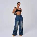Vintage Star Print Denim Cargo Pants for Women Retro Style Casual Fit Versatile Wear Wholesale A