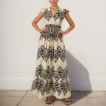 Floral Print Maxi Dress Black and White Ruffled Sleeves Ethnic Vacation Style Wholesale Availabl