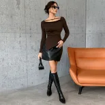Irregular Hem Long Sleeve Top Small V Neck Waist Cinching Design Elegant Style Perfect for Casua