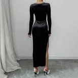 Velvet Maxi Dress High Waist Sexy Split Long Sleeve Square Neck Spring Summer Fashion Wholesale