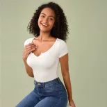 High Waisted Cropped T Shirt Cotton Fabric Slim Fit Short Sleeve Trendy Design Summer Casual Wea