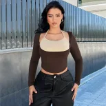 Color Block Hollow Out Halter Long Sleeve Top Slim Fit High Waist Stylish Design Perfect for Cas