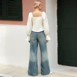 French Style Square Neck Puff Sleeve Chiffon Blouse Slim Fit High Split Vintage Design Perfect f
