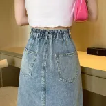 开叉半身裙女2022夏季新款潮气质复古高腰显瘦中长款牛仔裙a字裙