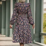 Floral Print V Neck Long Sleeve Dress Ruffled Hem Autumn Style Womens Fashion for Casual Occasio