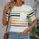 Colorful Striped Short Sleeve T Shirt for Women Summer Style Casual Fit Comfortable Fabric Whole