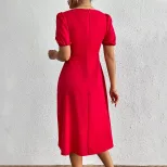 Red A Line Dress with Square Neck Ruffled Bust and Puff Sleeves Trendy for Parties and Events Wh