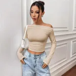 Slim Fit Asymmetrical Long Sleeve Womens T Shirt Versatile Design Pleated Detail Spring Summer S