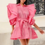 Plus Size Womens A Line Dress Fashion Lapel Collar Flutter Sleeves Comfortable Fabric Casual or