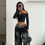 Black Sexy Off Shoulder Crop Top Hollow Cross Strap Design Trendy for Parties or Night Out Whole