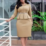 V Neck Ruffle Hem Pencil Skirt High Waist Slim Fit Elegant Design Winter Office Wear for Women W