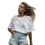Loose Fit Short Sleeve T Shirt Cute Ribbon Bow Design Soft Cotton Fabric Casual Style Perfect fo