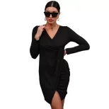 Black V Neck Long Sleeve Bodycon Dress Stylish Slim Fit Versatile for Casual or Formal Occasions