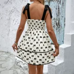 Floral Print A Line Mini Dress with Bow Tie Sleeveless Casual Style for Travel or Dates Wholesal