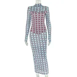 Fashionable Womens Long Sleeve Dress Breathable Mesh High Neck Bodycon Fit Floral Print Ideal fo