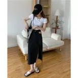 欧洲站2022夏季新款气质复古侧边高开叉牛仔裙子贴布半身裙女潮