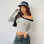 Striped Off Shoulder Long Sleeve T Shirt for Women Slim Fit Sexy Short Length Fall Layering Top