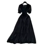 French Elegant V Neck Puff Sleeve Floral Waist Defined Pleated Maxi Dress for Women Summer Slim Fit Wholesale Available