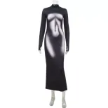 3D Printed Long Sleeve Dress Slim Fit Unique Design Comfortable Fabric Perfect for Casual or For