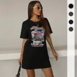 Loose Fit Black Short Sleeve T Shirt Floral Print Round Neck Casual Style Summer Wear for Women