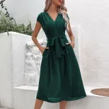 Elegant Black V Neck Dress Minimalist Style Versatile Fit Summer Fashion Wholesale Available
