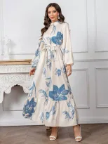 Modelyn Women s Floral Print Stand Collar Lantern Sleeve Ruf