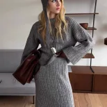Womens Chunky Knit Sweater Set Solid Color Round Neck Loose Fit Includes Wide Leg Pants and Scar