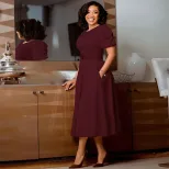 Elegant A Line Dress with Puff Sleeves Round Neck Waist Defined Flowy Skirt Perfect for Parties