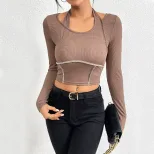 Womens Fitted Knit Long Sleeve T Shirt Exposed Stitching Halter Neck Stylish Design Autumn Winte