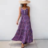 Purple Floral Print Backless V Neck Maxi Dress for Beach Vacation Casual Wear Wholesale private label