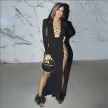 Elegant Long Sleeve Maxi Dress Deep V Neck High Slit Solid Color Slim Fit Spring Summer Fashion