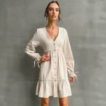 Slim Fit Cardigan Dress Ruffle Trim Long Sleeve Solid Color Casual Wear Suitable for Spring and