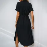 Summer Casual Shirt Dress Pocket Design Minimalist Style Solid Color Perfect for Everyday Wear W