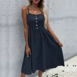 Summer Womens Casual Dress Slim Fit Solid Color Cotton Linen Blend Spaghetti Straps Perfect for