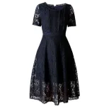 Lace Hollow Out Midi Dress for Women Round Neck Short Sleeve Summer Casual Wear