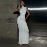Sleeveless High Neck Bodycon Dress Solid Color Mermaid Hem Elegant Fit Perfect for Parties and F
