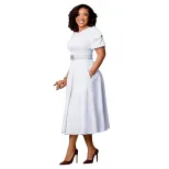 Plus Size Womens Dress Fashionable Puff Sleeve High Waist Flared Skirt Summer Occasion Wholesale