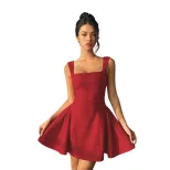 Red A Line Dress Fitted Square Neck Backless Short Hem Spring Summer Fashion Wholesale Available