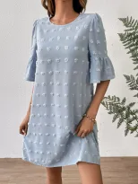 Chiffon Dress for Women Solid Color Short Sleeve Pom Detail Casual Summer Wear Wholesale Availab