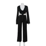Fashionable Long Sleeve Tie Front Crop Top and Hollow Out Split Leg Pants Set Street Style Whole