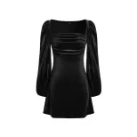 A Line Velvet Dress Slimming Waist Design Long Sleeves Square Neck Autumn Winter Party Wear Whol