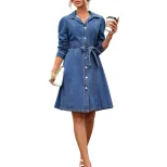 Vintage Slim Fit Long Sleeve Denim Dress for Women Waist Defining Elegant Style Perfect for Casu
