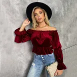 Womens Long Sleeve T Shirt Off Shoulder Neckline Ruffle Detail French Style Velvet Fabric Spring