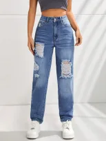 Womens Casual Slim Fit Ripped Straight Leg Jeans Comfortable Denim Fabric Perfect for Everyday W