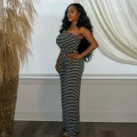 Summer Womens Fashion Vintage Striped Strapless Top and Casual Comfortable Long Pants Set Trendy Style for Every