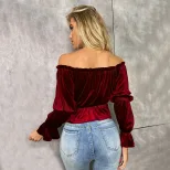 Womens Long Sleeve T Shirt Off Shoulder Neckline Ruffle Detail French Style Velvet Fabric Spring