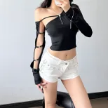 Womens Long Sleeve T Shirt Sexy Irregular Asymmetrical Neckline Hollow Out Design Slim Fit Autum