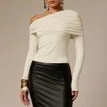 Asymmetrical One Shoulder Long Sleeve T Shirt for Women Slim Fit Ruffled Design Elegant Style Pe