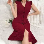 Red Short Sleeve Casual Dress Comfortable Fabric V Neck Sleeveless Spring Summer Home Wear Whole