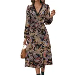 V Neck Floral Long Sleeve Dress Elegant Design European and American Style Perfect for Casual or